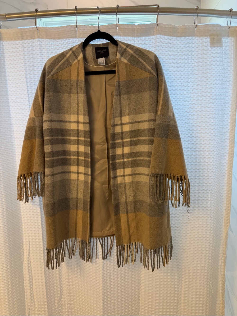 Helene Berman Plaid Fringe Open Cape in Camel and Gray